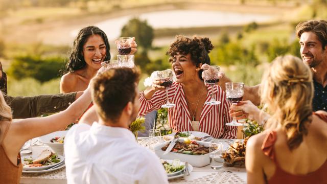 Group of cheerful friends having wine at dinner party. Multi-ethnic people having a get together outdoors.