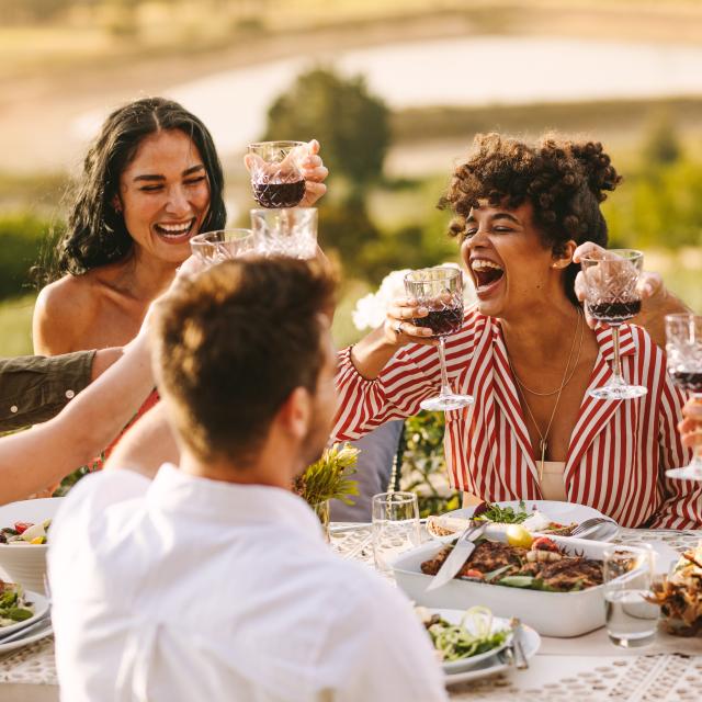 Group of cheerful friends having wine at dinner party. Multi-ethnic people having a get together outdoors.