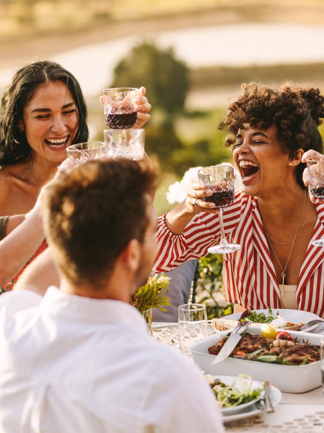 Grupo de alegres amigos tomando vino en una cena. Personas multiétnicas reunidas al aire libre.