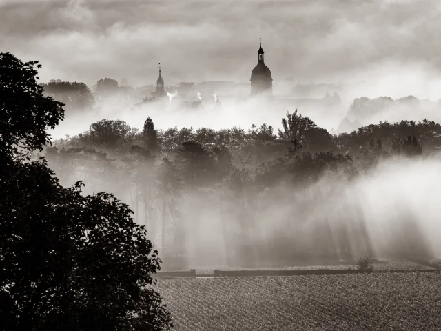 Beaune dans la brume en hiver